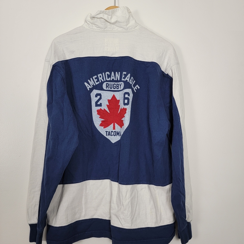 American Eagle Blue White Vintage Rugby Polo Shirt Tacoma Blokecore XL Unisex